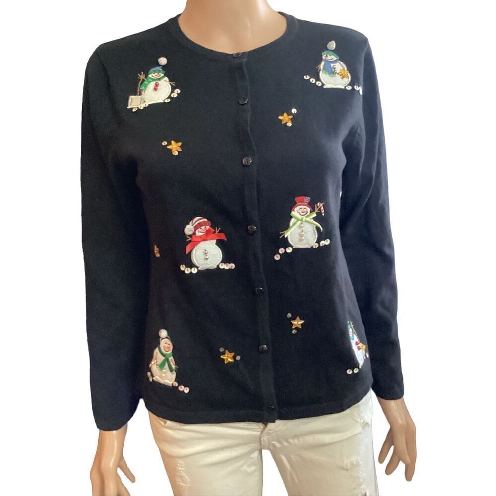 Vintage Crystal Kale Cardigan Snowman Sweater  M
